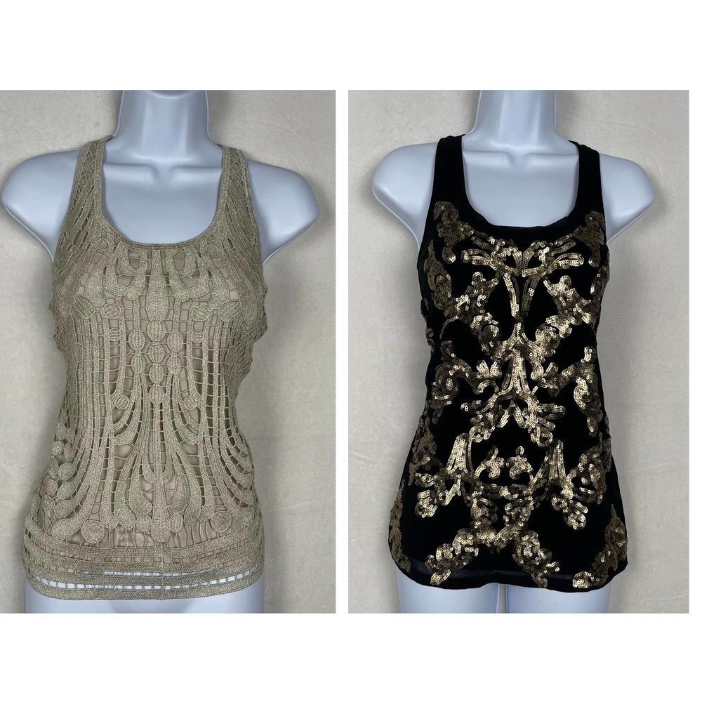 Lot of 2 Express XS Dressy Black & Gold Tank Tops, Lovely Detail, Lined, Stretch